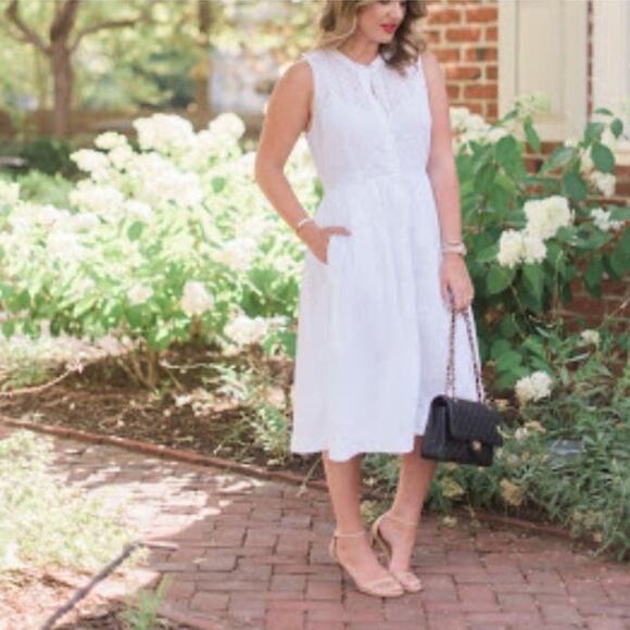 J. Crew Eyelet Lace Sleeveless Tea Length Button Down Dress White Lined size 12 - Picture 2 of 13